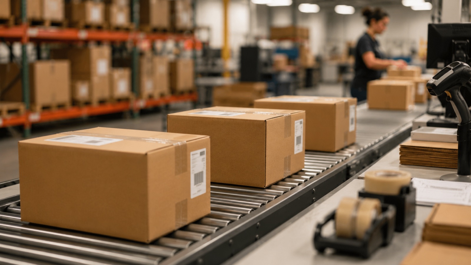 Labeled cartons moving along a conveyor for Amazon FBA prep