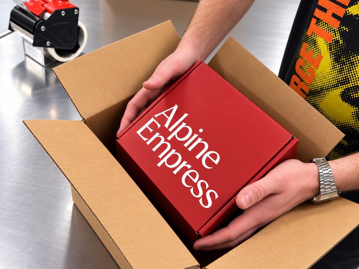 Uptime team member packing an Alpine Empress branded box into a shipping carton for a direct-to-consumer order
