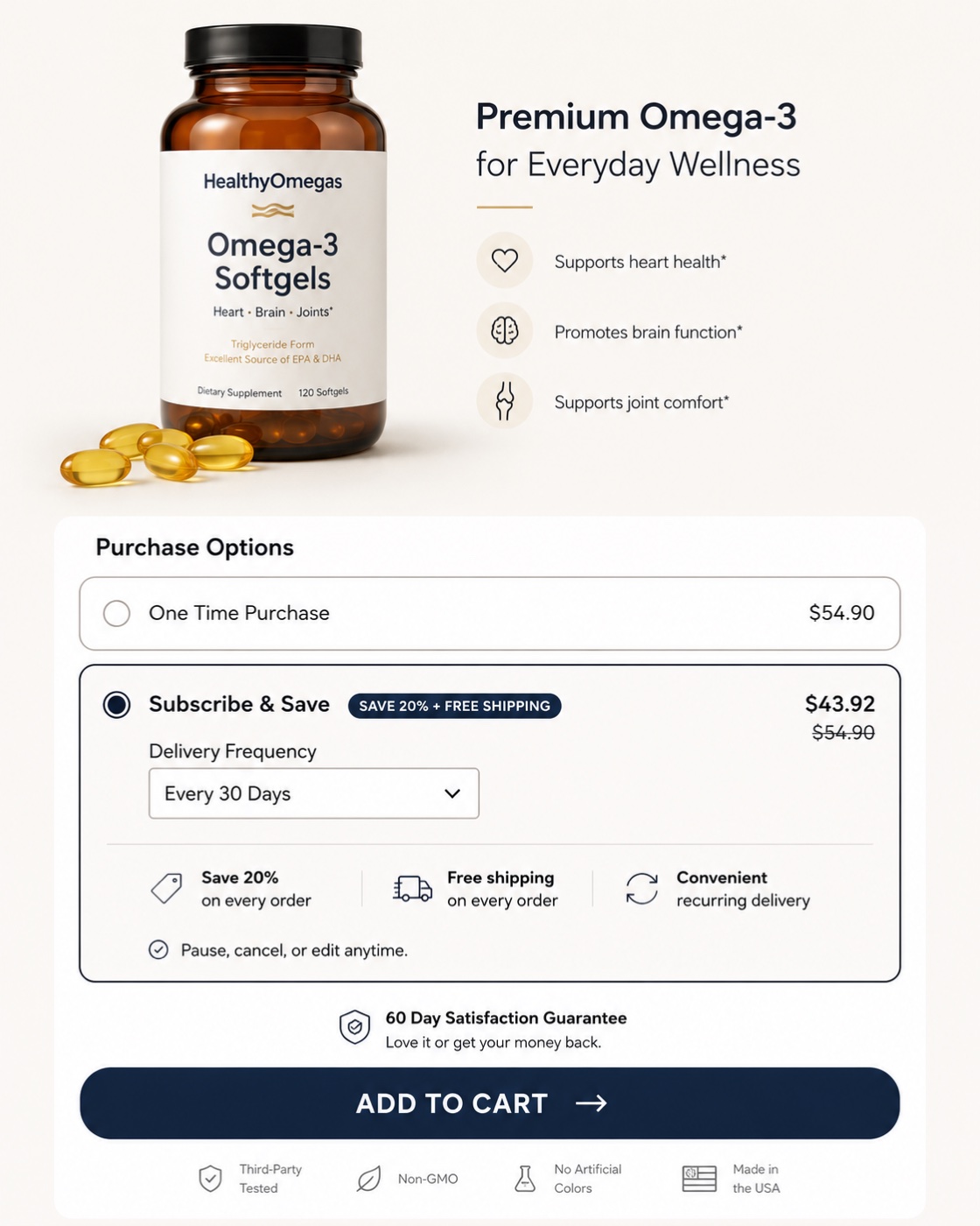 Subscribe-and-save purchase options on a supplement product page